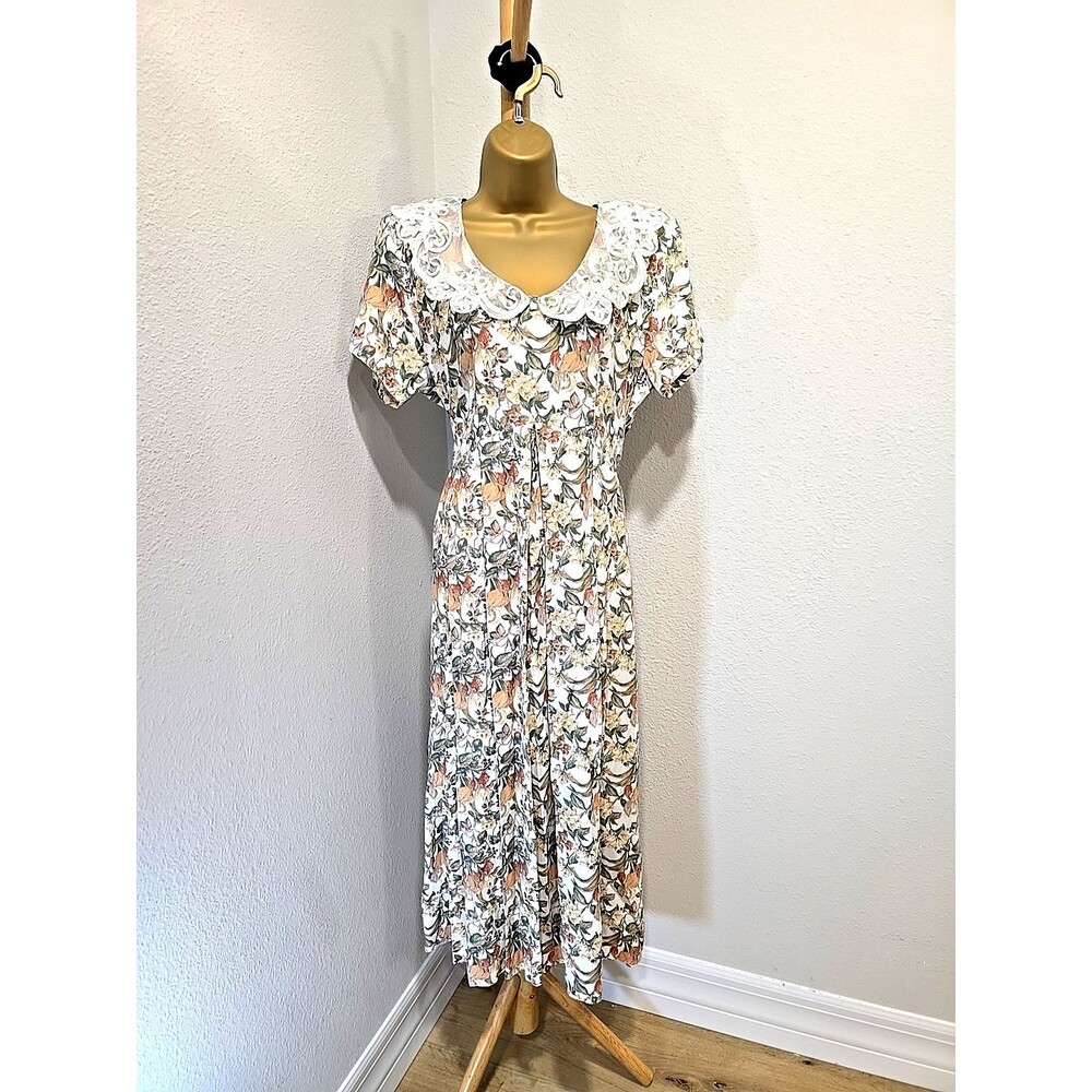 Vintage Floral Dress Size 10 Lace Collar Midi Cottage Peasant Prairie Modest USA